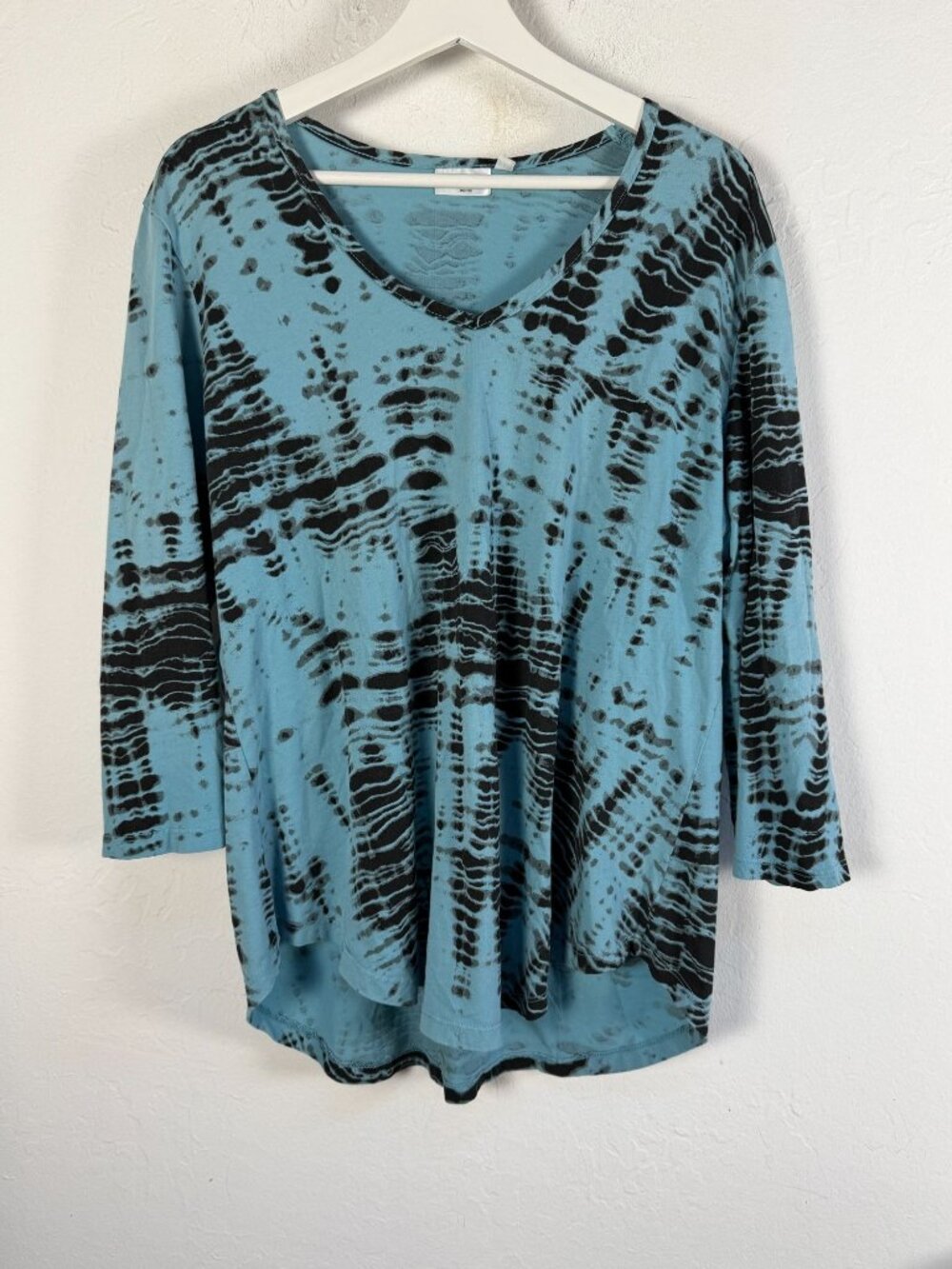 Prairie Cotton Womens XL Blue Black Tie-Dye 3/4 Sleeve V-Neck Tunic Top USA Made